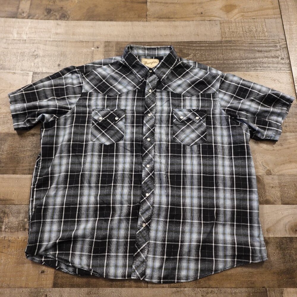 Wrangler western pearl snap short‎ sleeve shirt men's XXL blue gray white